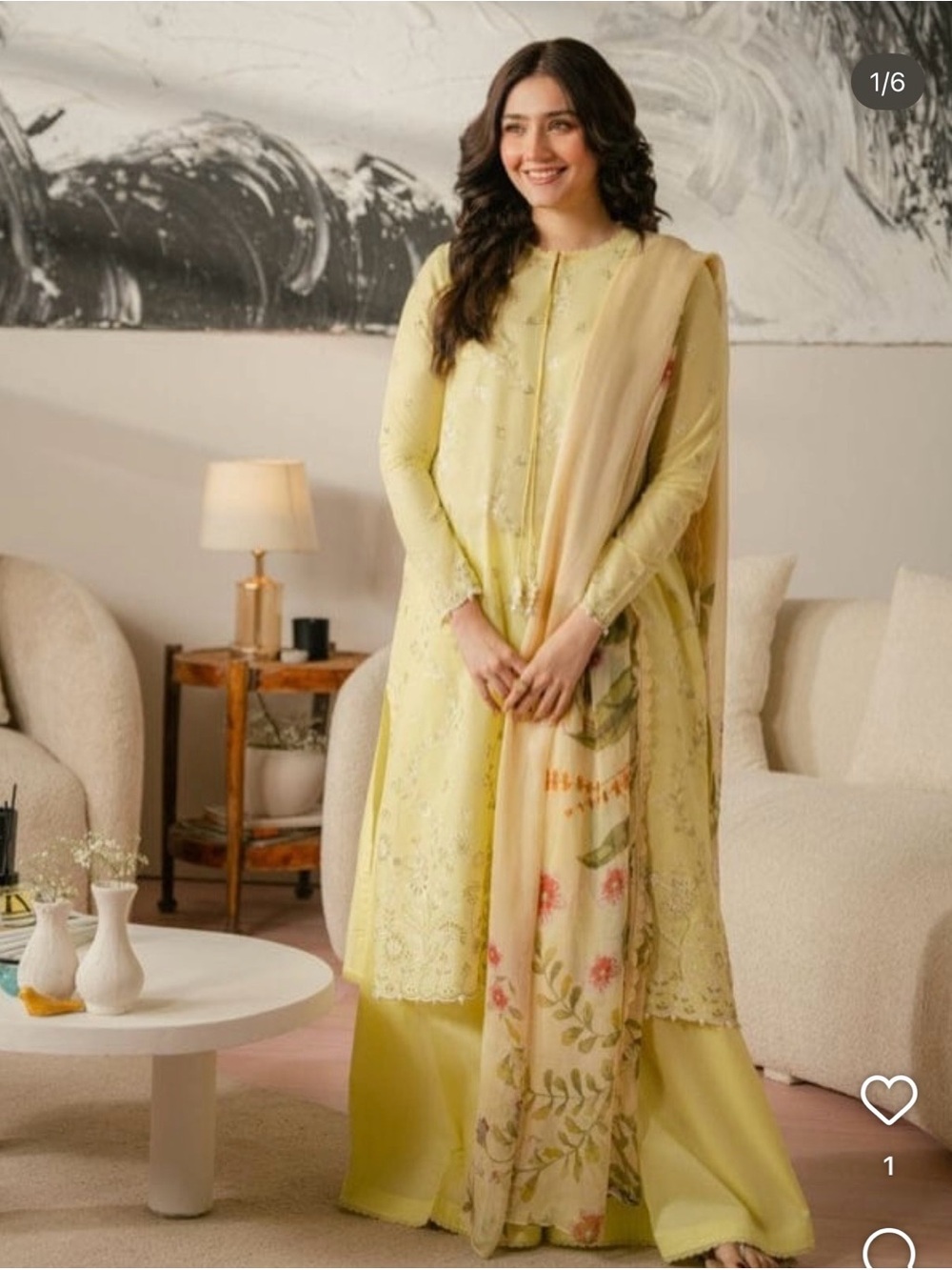 Cross Stitch butter yellow Long-Sleeve Women's Dress with Floral Chiffon Dupatta